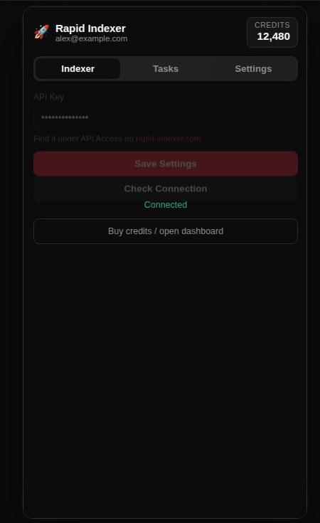 Settings tab with the API key field, Save Settings, and a connected status
