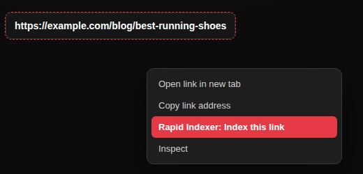 Browser context menu with Rapid Indexer: Index this link highlighted