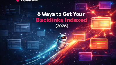 Illustration of backlinks being indexed, showing a transition from dim, unindexed web pages on the left to bright, connected indexed pages on the right, with a robot crawler moving across and the title “6 Ways to Get Your Backlinks Indexed (2026)” displayed prominently.